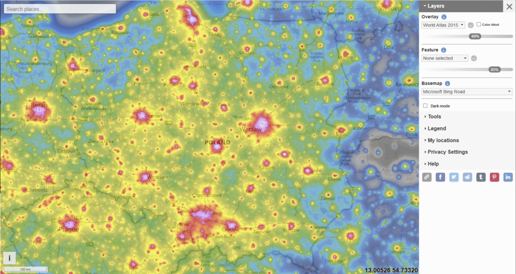 Mapa zanieczyszczenia nieba światłem